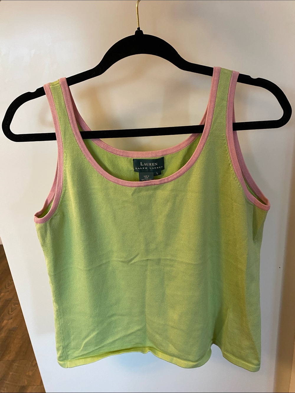 Vintage Ralph Lauren SILK Lime Green Tank with Pink Trim